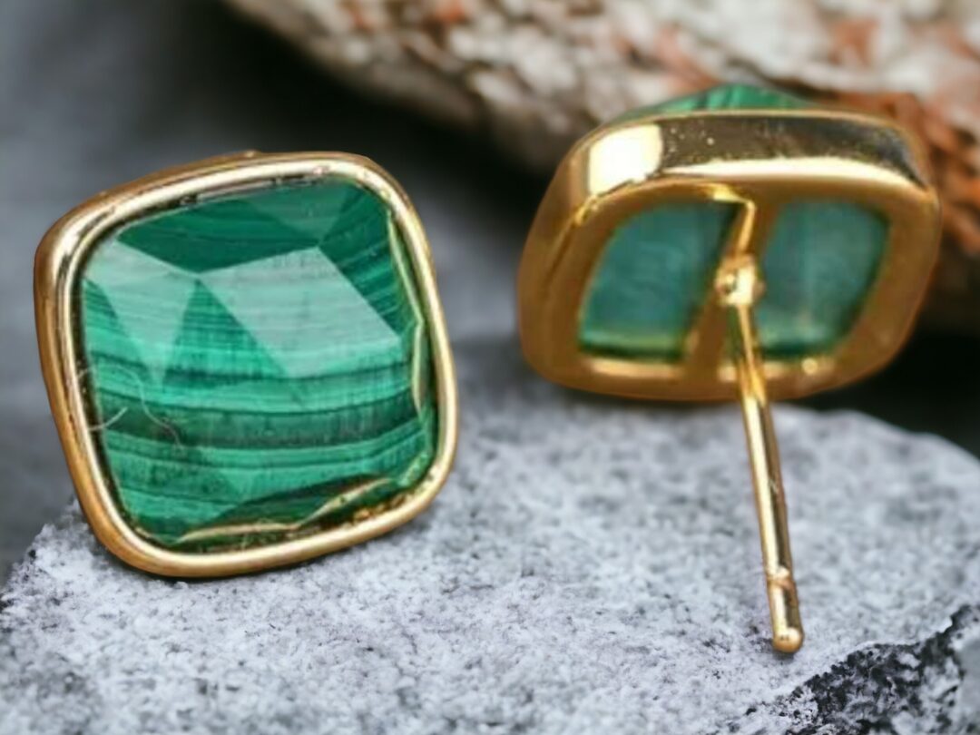 Natural Bead Stone Crystal Stud Gold Square Shape Earrings